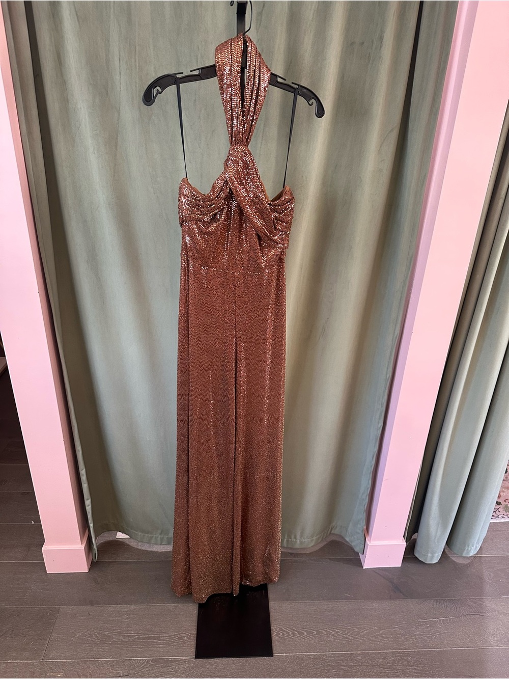 Halston Copper Halter-Neck Sequin Jumpsuit